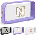 Personalized Initial Letter Clear Makeup Bag,Preppy Small Nylon&PVC Cosmetic Zipper Bag with Chenille Letter,Travel Skincare Toiletry Bag,Monogram Christmas Gift for Teen Girls Women,N
