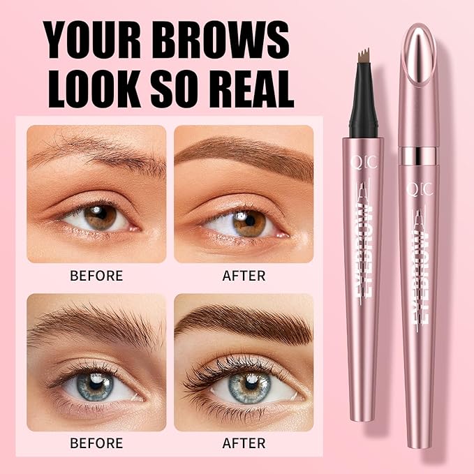 QIC Microblading Eyebrow Pen,Eyebrow Pencils for Women with 4-Fork-Tip, Waterproof Eye Brow Pencil Natural Hair-Like And Long-Lasting (Gray)