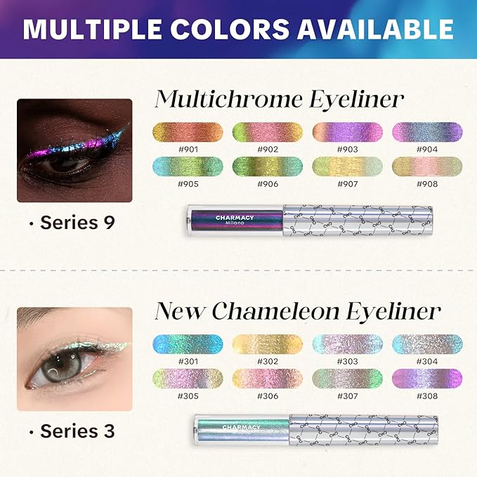 CHARMACY Chameleon Liquid Glitter Eyeliner - Highly Pigmented, Metallic MultiColor Shifting, Waterproof, Ultra-Fine Tip, Longwearing, Smudge-proof (#302)