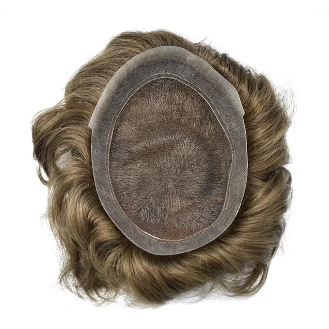 FACE MIRACLE Toupee for Men French Lace Hairpiece Human Hair Replacement System Skin PU Mens Toupee Hair Wigs for Man V-Looped Front Hair Prosthesis 6"X9" 6# LIGHT BROWN
