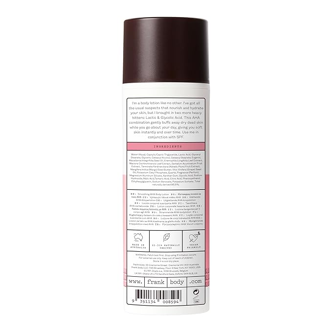 frank body Smoothing AHA Body Lotion | Gently Exfoliates to Smooth KP & Body Breakouts | With Lactic & Glycolic Acids, Hydrating Oils, Mango Seed Butter & Australian Botanicals | 140ml/4.73 fl oz
