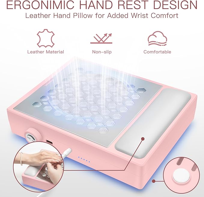 Madenia Powerful Nail Dust Collector - Brushless Quiet Vacuum Suction Fan Extractor with Hand Pillow 2 Filters 1 Brush, Nail Dust Cleaner Machine for Acrylic Gel Nail Polishing Nail Tech Use, Pink