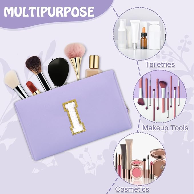Personalized Small Initial Preppy Makeup Bag, Cute Chenille Letter Cosmetic Organizer Toiletry Travel Pouch, Waterproof Portable PU Monogram Make Up Bag Case Gift for Women Friends Her(Letter I)