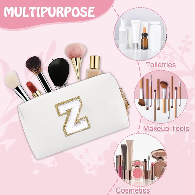 Small Initial Preppy Makeup Bag, Personalized Cute White Cosmetic Organizer Chenille Letter Travel Toiletry Zipper Pouch, Waterproof PU Leather Make Up Case Preppy Stuff for Women Teacher(Letter Z)