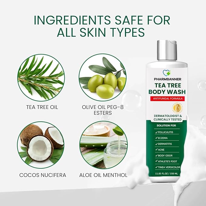 Tea Tree Antifungal Body Wash – Soothes Folliculitis, Acne, Jock Itch, Athlete’s Foot, Ringworm, Tinea Versicolor, Body Odor, Eczema & Dermatitis-Prone Skin