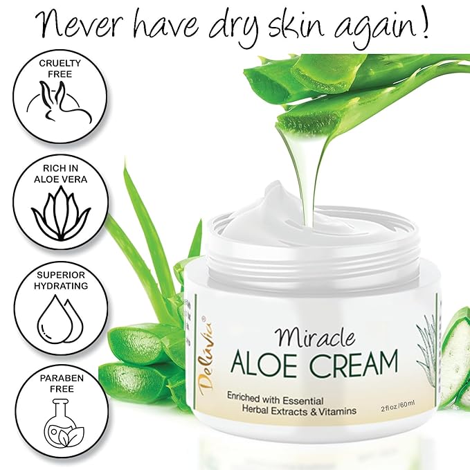 Deluvia Miracle Aloe Cream | Face & Body Moisturizer with Vitamin E & Organic Aloe Vera | Hydrating, Soothing for Dry Skin | Psoriasis, Eczema - 2 oz