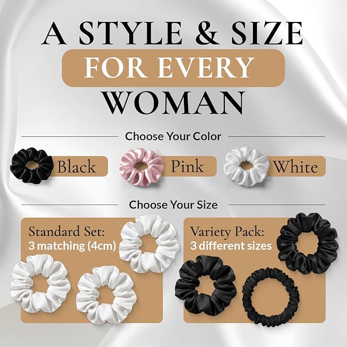 100% Pure 22 Momme Mulberry Silk Scrunchies (Set of 3) | Highest grade (6A) Luxury Hair Ties| (Black,White,Pink) | (White, Standard)