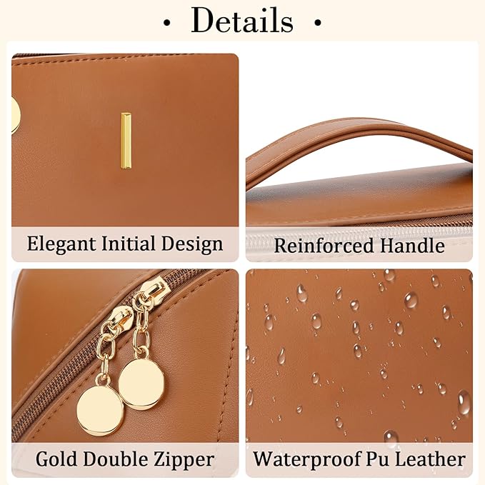 Birthday Gifts for Women Teen Girl, Personalized Initial Makeup Organizer Bag Set, Open Flat Travel Cosmetic Bag With Clear Divider and Handle(Brown,I)