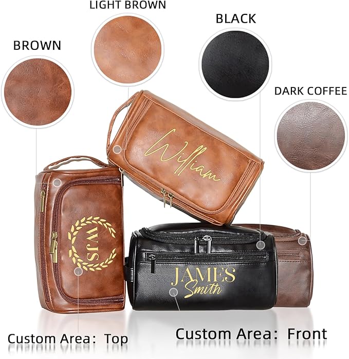 Personalized Toiletry Bag for Men, Engraved Name Initials Toiletry Bag, Customized Monogram Travel Shaving Dopp Kit for Groomsmen, Gift for Christmas, Birthday, Dad, Husband, Grandpa (Brown)