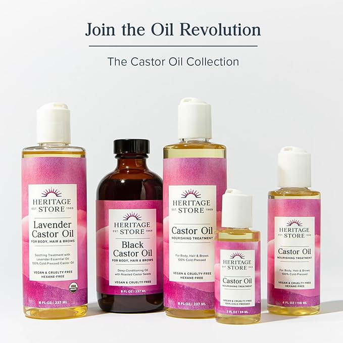 HERITAGE STORE Organic Castor Oil - Glass Bottle - Nourishing Treatment for Hair and Skin - Hair Oil, Eyelash Serum for Eyelashes, Brows, Castor Packs - Cold Pressed, Hexane Free, Vegan 32oz