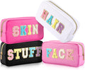 Cunno 4 Pcs Preppy Makeup Bags Chenille Letter Stuff Bag Nylon Cosmetic Pouch Cases with Zipper for Women Travel Toiletry