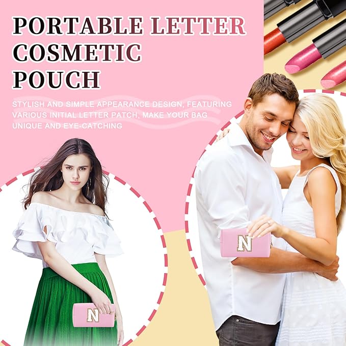 Iqimott Personalized Initial Letter Patch Makeup Bag, Preppy Portable Chenille Letter Cosmetic Bag with Zipper, PU Leather Waterproof Travel Toiletry Bag Monogram Make Up Pouch Girls(Letter N)