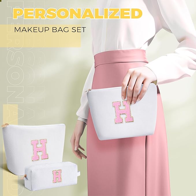 Monogrammed Gifts for Women - Cosmetic Bag for Teen,Initial Cute Makeup Bag Set for Women,Trendy Pouch for Niece Sister Friend Female Her,Birthday Gifts for Daughter - White,H