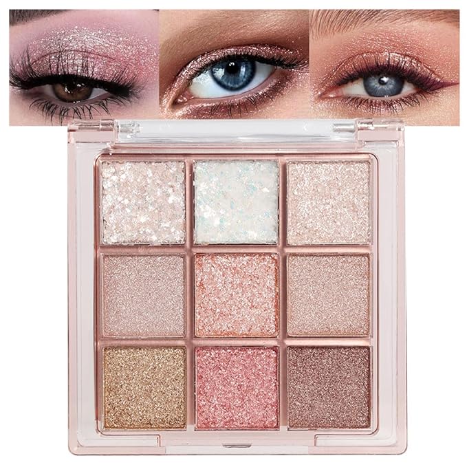 Pink Nude Glitter Shimmer Sparkle Eyeshadow,9 Colors Light Glitter Eye Shadow,Long Lasting Waterproof Natural Eyeshadow Palette,sombras para ojos