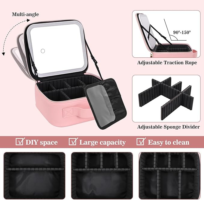 Makeup Case with LED Mirror,Makeup Organizer Bag Travel Makeup Case Large Makeup Bag With Rechargeable Mirror 3 Color Lights Detachable Mirror for Women Beauty Tools Accessories（Pink）