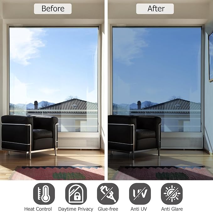 HIDBEA One Way Mirror Window Film ,Daytime Privacy Sun Blocking Reflective Window Film Static Cling Heat Control Window Tinting Film for Home and Office, Blue Silver, 35.4 x 393.7 Inch