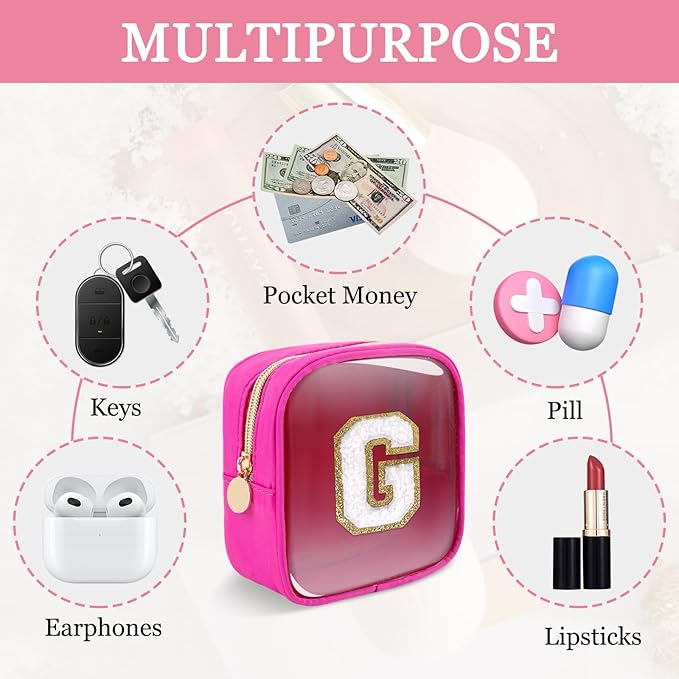 Mini Clear Personalized Initial Makeup Bag,Nylon Preppy A-Z Chenille Letter Patch Zipper Cosmetic Bag, Small Cute Beach Pouch Travel Purse Sanitary Napkin Storage Bag for Women Girls(Hot Pink-White G)