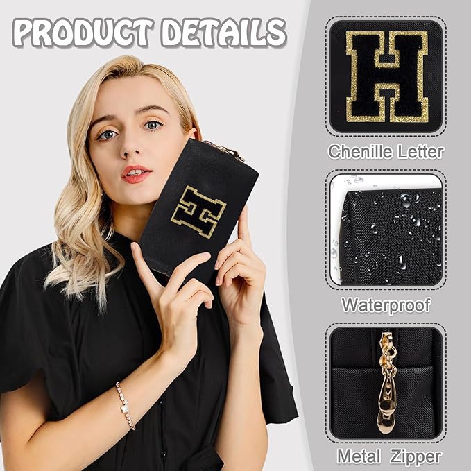Personalized Chenille Letter Preppy Makeup Bag, Small Initial Black Travel Cosmetic Organizer Toiletry Zipper Pouch, Waterproof Monogram Makeup Storage Organizer Travel Essentials for Female(Letter H)