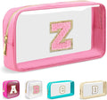 Small Clear Personalized Initial Makeup Bag, Preppy A-Z Chenille Letter Patch Cosmetic Bag, Cute Transparent Nylon Waterproof Zipper Beach Varsity Letter Pouch, Gift for Women Girls(Pink-Pink Z)