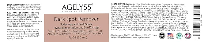 Agelyss Dark Spot Remover – Brightening Serum – Fades Appearance of Dark Spots, Evens Skin Texture, Hydrating & Nourishing – Paraben-Free, Vegan, Cruelty-Free – 1 FL OZ - Pack of 1
