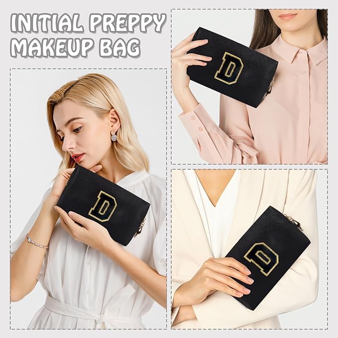 Personalized Chenille Letter Preppy Makeup Bag, Small Cute Mini Travel Toiletry Bag Initial Cosmetic Zipper Pouch for Purse, Waterproof Makeup Case Storage Travel Essentials for Her Daughter(Letter D)