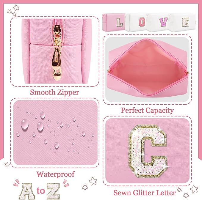 Personalized Initial Letter Makeup Bag, Preppy Glitter Letter Patch Cosmetic Pouch Zipper,PU Waterproof Travel Toiletry Bag Cute Makeup Organizer Monogrammed Make Up Bag,Gift for Women Girls