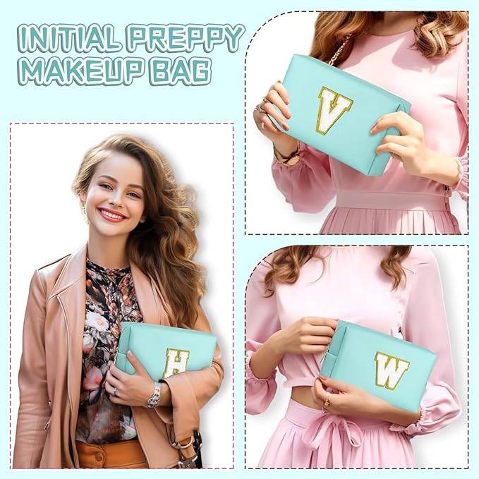 TOPEAST Personalized Birthday Gifts for Women, Preppy Patch Makeup Bag, Chenille Letter Pouch Cosmetic Bag, Travel Organizer, Birthday Gifts for Friends, Cute Stuff (Blue L)