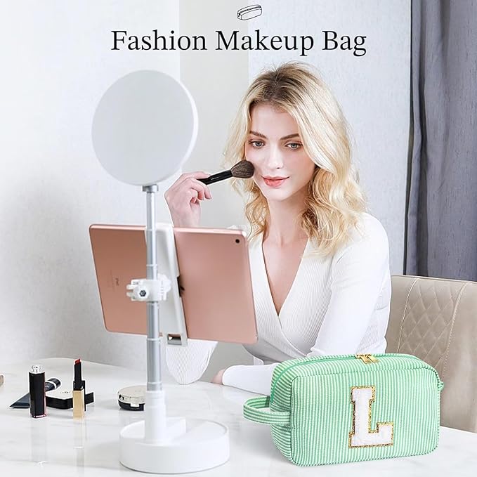YOOLIFE Initial Monogram Makeup Bag - Personalized Green Initial, Travel Toiletry Pouch, Cute Cosmetic Case
