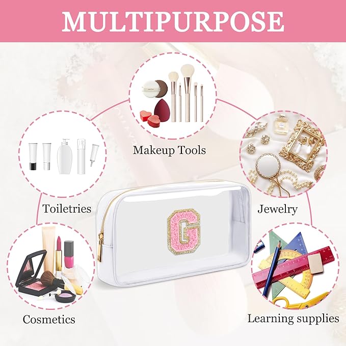 Small Clear Personalized Initial Makeup Bag,Nylon Preppy A-Z Chenille Letter Patch Cosmetic Pouch Beach Toiletry Bag,Waterproof Zipper Travel Purse Storage Bag Organizer for Women Girls(White-Pink G)
