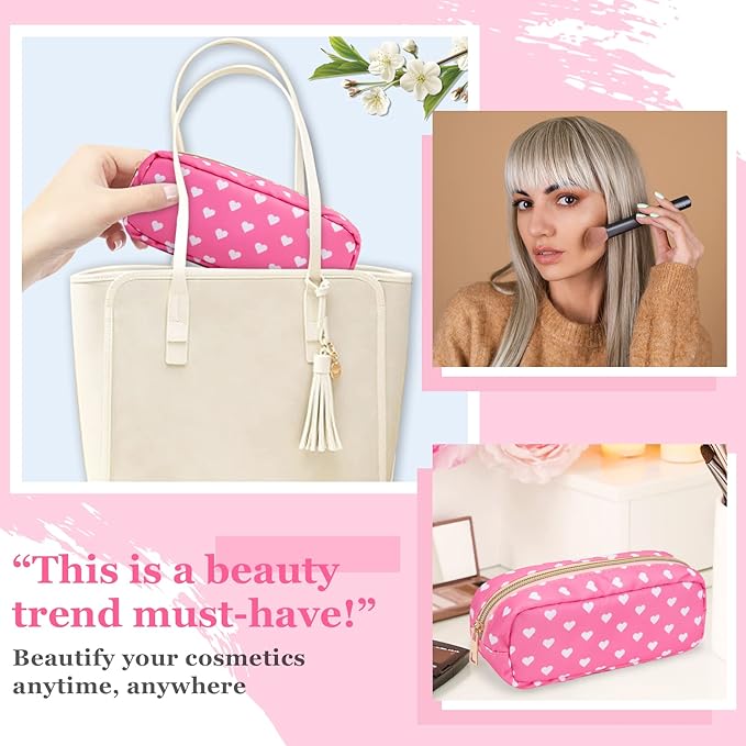 Nylon Slim Makeup Bag, Pink Heart Makeup Brush Case, Preppy Cosmetic Zipper Pouch for Purse, Travel Toiletry Bag Clutch Coin Pouch Makeup Organizer for Women Girls