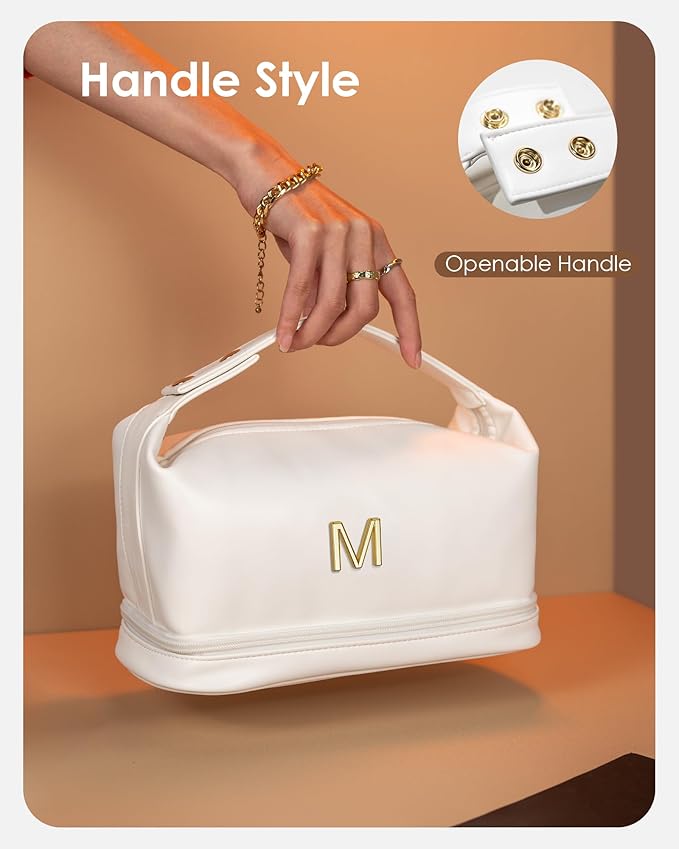 Makeup Bags for Teens Girls, Initial Double Layer Cosmetic Bag with Makeup Brush Organizer, Large Capacity PU Leather Travel Toiletry Bag, Gifts for Friends Female Mom