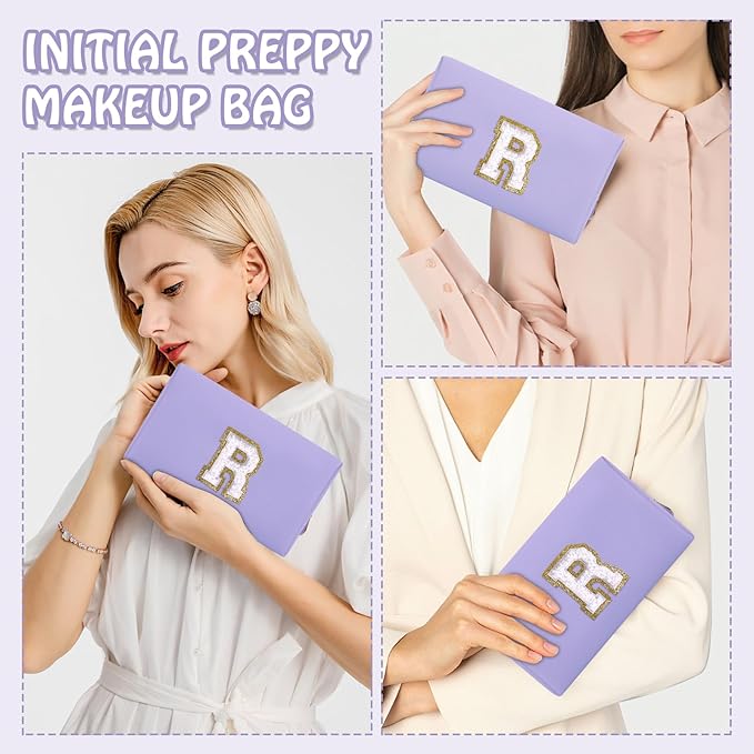 Small Travel Initial Preppy Makeup Bag, Personalized Purple Cute Chenille Letter Cosmetic Organizer Travel Toiltery Zipper Pouch Purse, Monogram Makeup Storage Gift for Friend Birthday Women(Letter R)