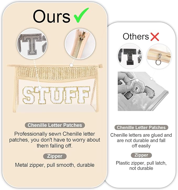 Small Boho Straw Clear Mrs Makeup Bags for Women&Girls, Zipper Cosmetic Bag Chenille Varsity Letter Patch Bag, Preppy Cute Toiletry Pouch, Trendy Organizer Storage Bag for Beach Travel Essentials