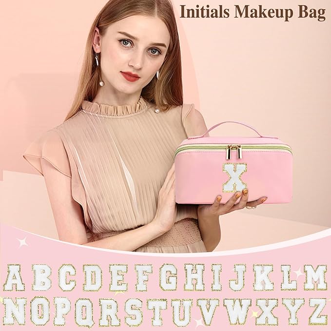 for Christmas Day Gifts, Makeup Bag for Women, PU Leather Travel Toiletry Bags, Initial Make Up Cosmetic Pouch for Teen Girls, Wide Open Portable Skincare Bag, Personalized Birthday Gifts, Pink M