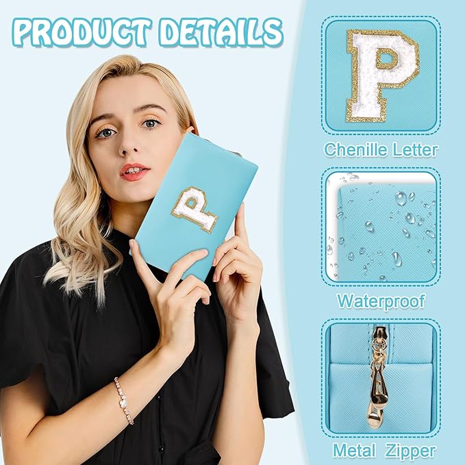 Personalized Initial Preppy Makeup Bag Organizer, Small Blue Cosmetic Bag Monogram Travel Toiletry Zipper Pouch for Purse, Portable Waterproof PU Make Up Case Party Gift for Women Friends(Letter P)