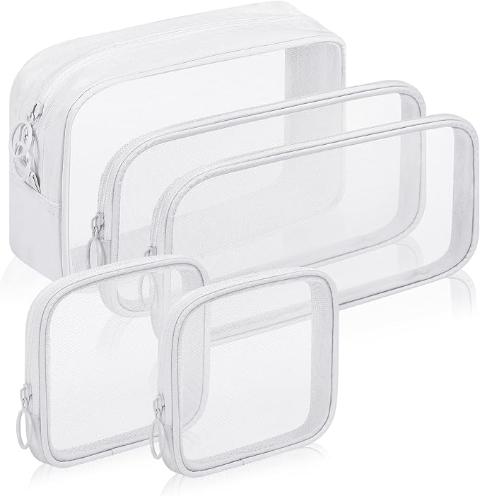 5 Pieces Mini Zipper Nylon Mesh Pouch, Mesh Cosmetic Bags Makeup Bags, Multipurpose Travel Toiletry Bags for Office Supplies and Travel Accessories (White, Assorted Sizes)