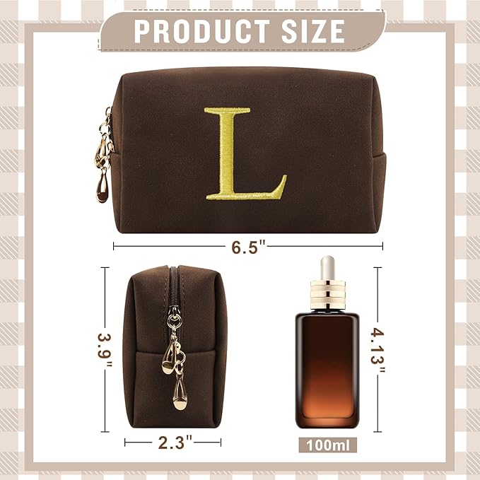 Personalized Initial Makeup Bag,Preppy Suede Cosmetic Bag for Teen Girls,Small Monogram Travel Toiletry Bag With Gold Embroidered Letter,Trendy Stuff Custom Christmas Gift for Women(Coffee-L)