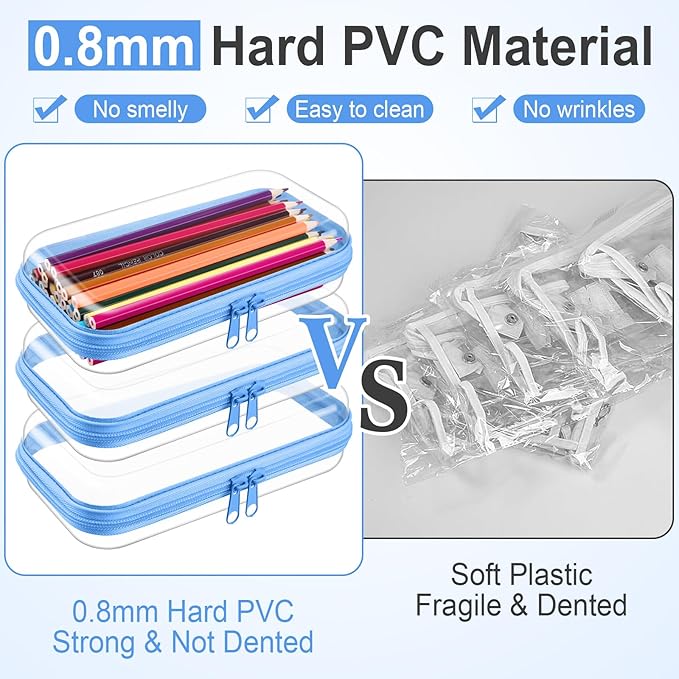 Hoolerry 3 Pcs Clear Hard Zipper Case Plastic Pouch Transparent Hard Case Clear Makeup Bag Portable Travel Organizer Bin for Cosmetics, Building Blocks, Puzzles(Blue,S)