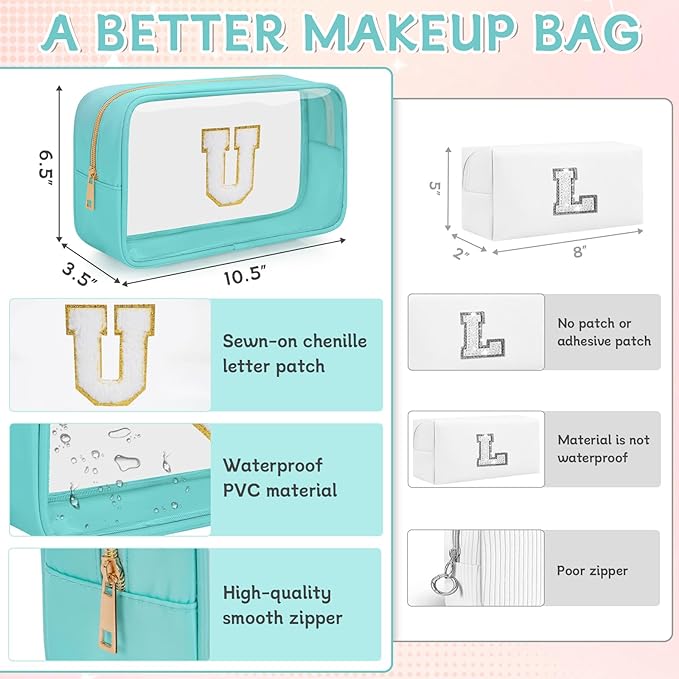 Personalized Initial Clear Makeup Bag, Travel Chenille Patch Cosmetic Bag, Preppy Toiletry Bag Monogram Cosmetic Pouch with Zipper, Ideal Gift for Teen Girls Women (Clear-Green, U)