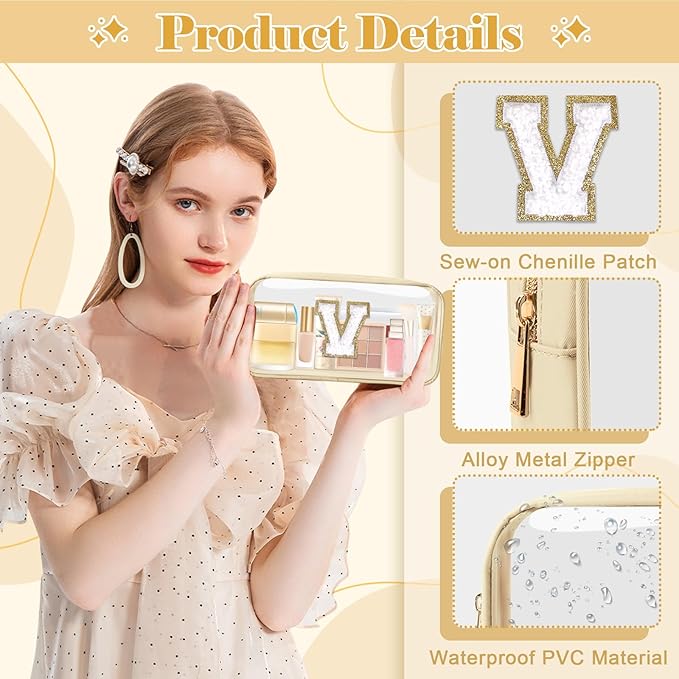 Personalized Initial Letter Clear Makeup Bag,Preppy Small Nylon&PVC Cosmetic Zipper Bag with Chenille Letter,Portable Beach Travel Skincare Toiletry Bag,Trendy Monogram Gift for Teen Girls Women,V