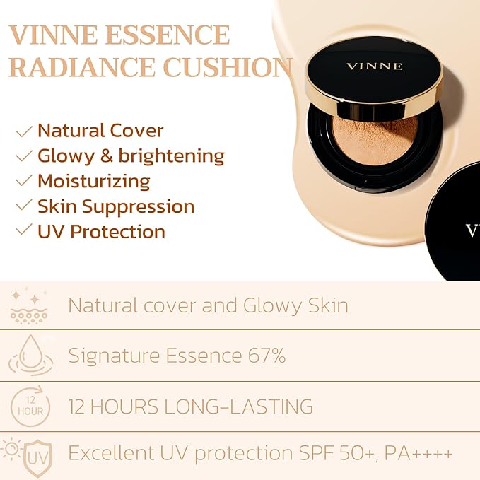 VINNE Korean Cushion Foundation, Lightweight, Essence Makeup Natural and Dewy Finish, 12-Hour Lasting Effect, 0.42 Oz- #21 Light Beige (Refill Not Included)