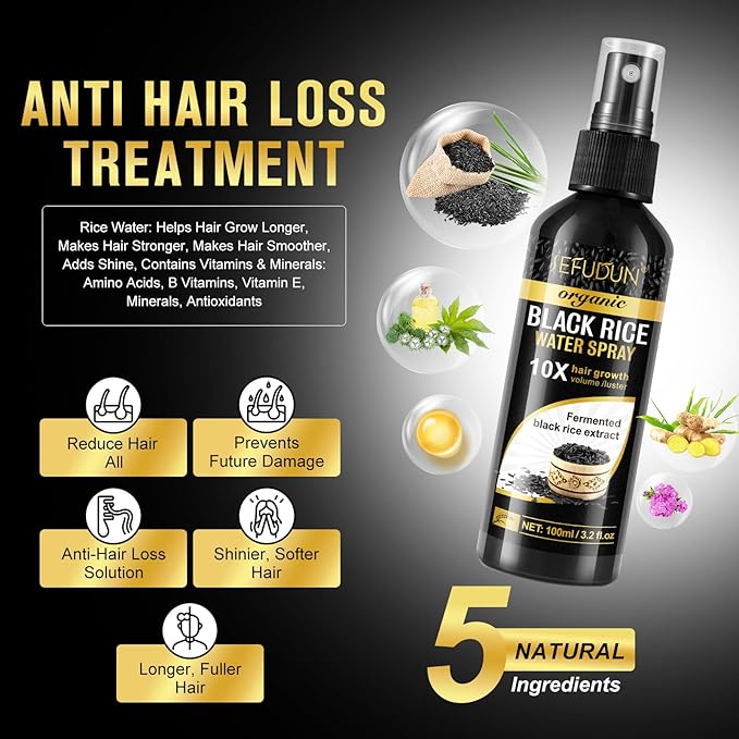 Organic Black Rice Water Spray for Hair Growth, A Solution with Castor Oil & Ginger Root Extract for Thicker, Fuller Hair, Targets Hair Loss and Repairs Damage 100ml/3.2 fl.oz (1 PC)