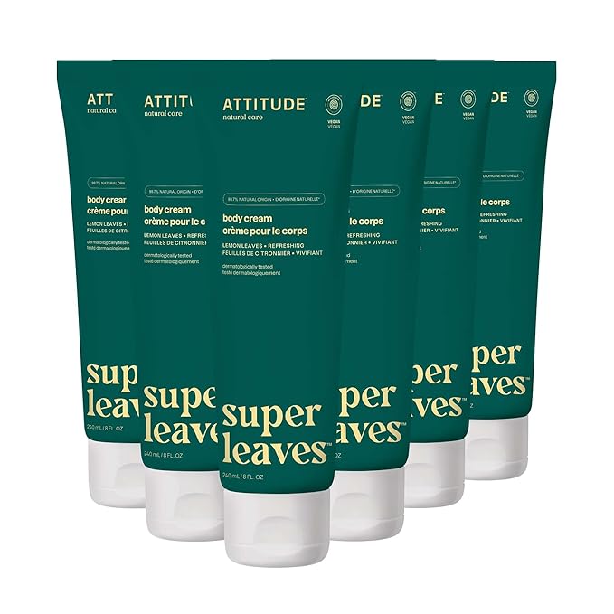 ATTITUDE Body Cream, EWG Verified Moisturizer, Vegan Moisturizing Products For Dry Skin, Dermatologically Tested, Lemon Leaves, 8 Fl Oz (Pack of 6)