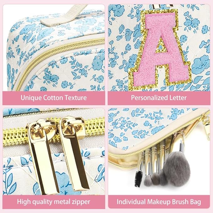 Personalized Travel Makeup Bag Set,Initial Travel Cute Floral Makeup Organizer Bag,Toiletry Skincare Cosmetic Bag,Christmas Gifts for Women/Girls,Open Flat Toiletry Pouch with Brush Pocket-T