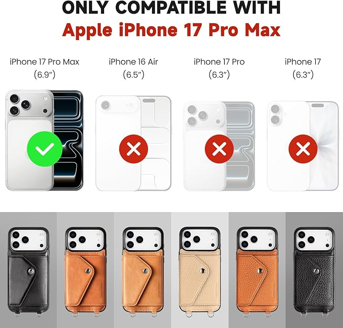 LUCKYCOIN Crossbody Wallet Phone Case for iPhone 17 Pro Max,100% Genuine Leather Wallet Phone Case with Expandable Flip Card Holder,Phone Purse for Women with Adjustable Removable Strap - Pebble Black