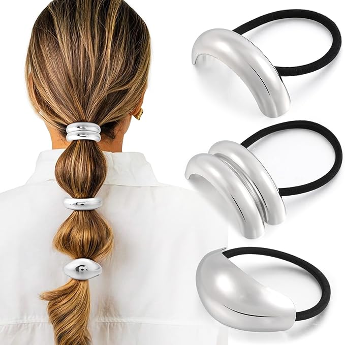 3PCS Silver Hair Ties, Metal Hair Ties for Thick Hair, Elegant Durable Geometric Design, Silver Hair Accessories Stretchy and Non-Damage Ponytail Holders, 3 Styles in Box Gifts Holiday Christmas Gifts
