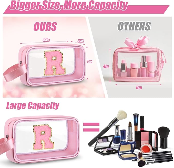 Initial Makeup Bag,Letter R Cute Clear Monogrammed Cosmetic Travel Bag for Womens Girls,Personalized Pink Aesthetic Traveling Make Up Organizer Bag for Beach,Waterproof Toiletry Bag