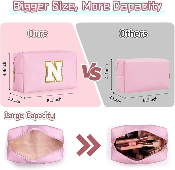 TOPEAST Initial Makeup Bag, Personalized Travel Small Cosmetic Bag Cute PU Pink Chenille Letter Makeup Pouch, Purse Waterproof Zippered Toiletry Organizer for Women Girls Kids Friends (Pink M)