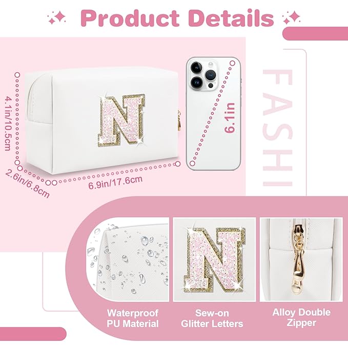 Small Initial Patch Makeup Bag Personalized Gifts Make Up Bag,White Cute PU Leather Glitter Letter Cosmetic Bag with Zipper,Trendy Portable Travel Toiletry Pouch,Preppy Stuff for Teen Girls Women N