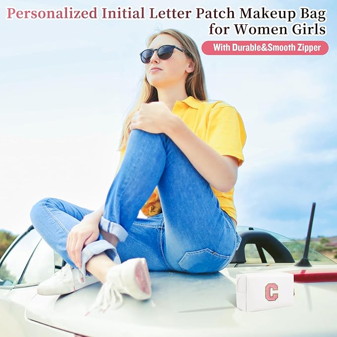 Personalized Initial Letter Patch Makeup Bag, Preppy Portable Chenille Letter Cosmetic Bag with Zipper, PU Leather Waterproof Travel Toiletry Bag Monogram Make Up Pouch for Women Girls(Letter C)
